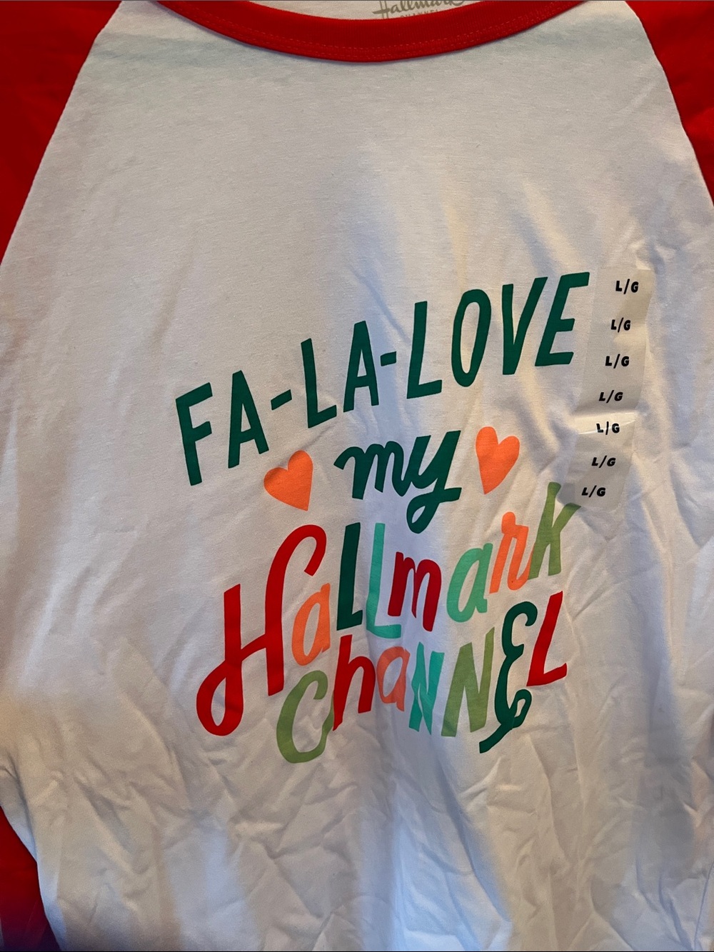 Hallmark Channel NWT Christmas Raglan Graphic Tee Large Fa-La-Love Red White - Picture 2 of 16